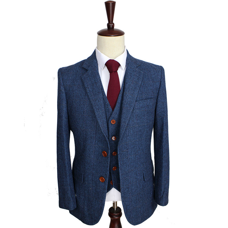 Wool Blue Herringbone Retro Custom Made Tailored Suit